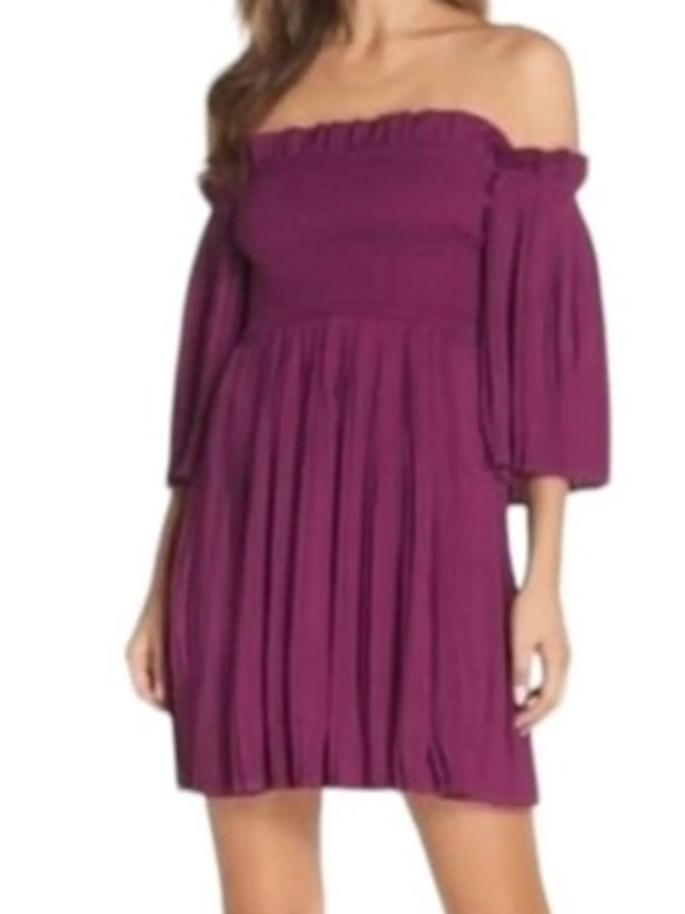 ALI & JAY Off-Shoulder Pleated Mini Dress in Plum new with tags small